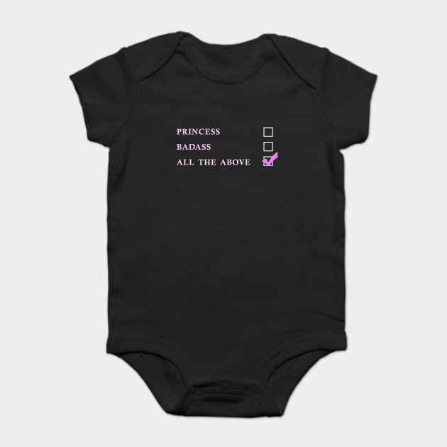 Princess vs Badass Baby Bodysuit by Rick Gualtieri